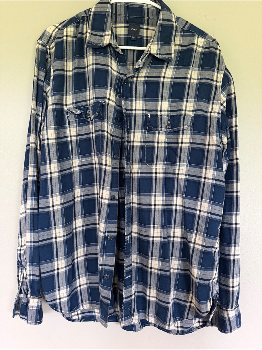 GAP Men's Navy and White Plaid Button-Down Shirt